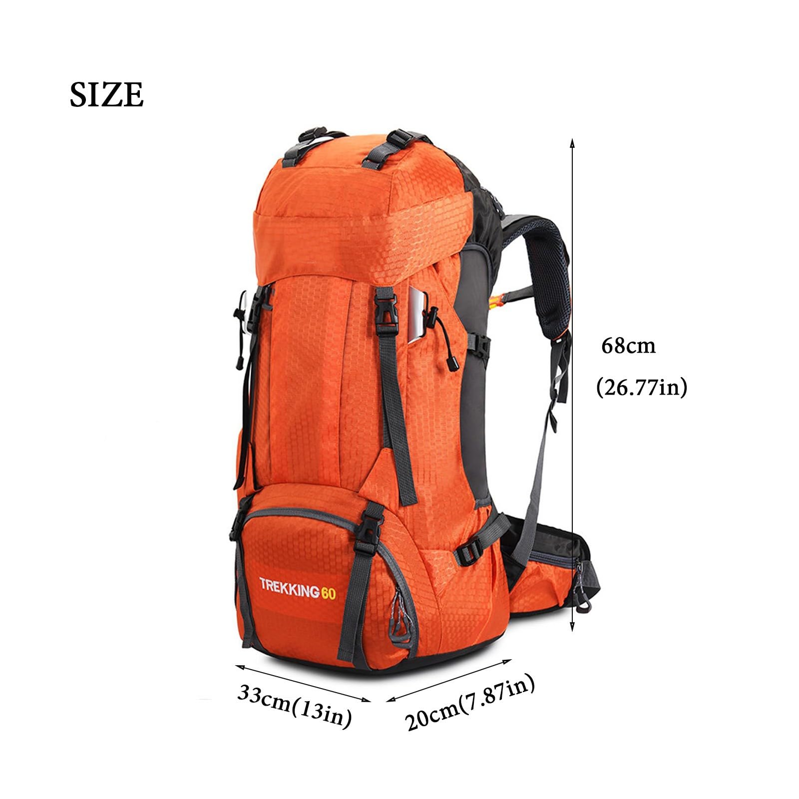 Zaino da trekking leggero da 60 litri con copertura antipioggia Sport all'aria aperta zaino da viaggio per arrampicata campeggio Touring zaino con serratura, Arancione, Etichettalia unica
