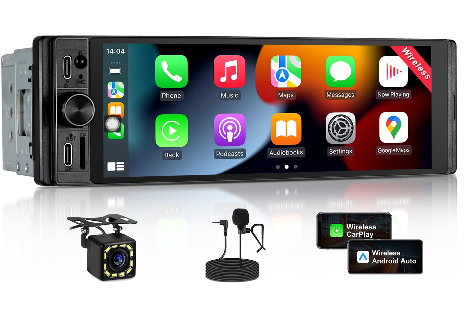 1 DIN Radio Kompatibel mit Wireless CarPlay & Android Auto, Autoradio 1Din mit 6,28 Zoll HD Bildschirm, Navi, Bluetooth, AM/FM/RDS, TF, AUX, SWC