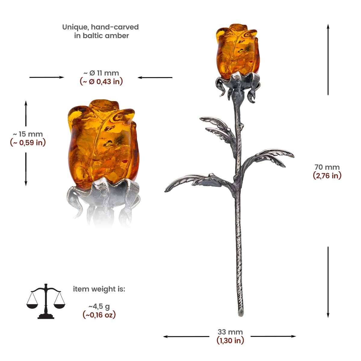 Rosa Eterna Ambra E Argento AMBEDORA - Fiocco Intagliato A Mano Colore Cognac