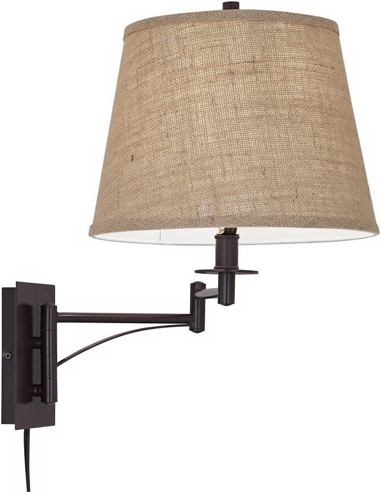 Franklin Iron Works Brinly Farmhouse Rustic Swing Arm Wall Lamp Matte Brown Metal Plug-in 12" Fixture Burlap Hardback Drum Shade for Cottage Core Bedroom Bedside Living Room Hallway Dining House