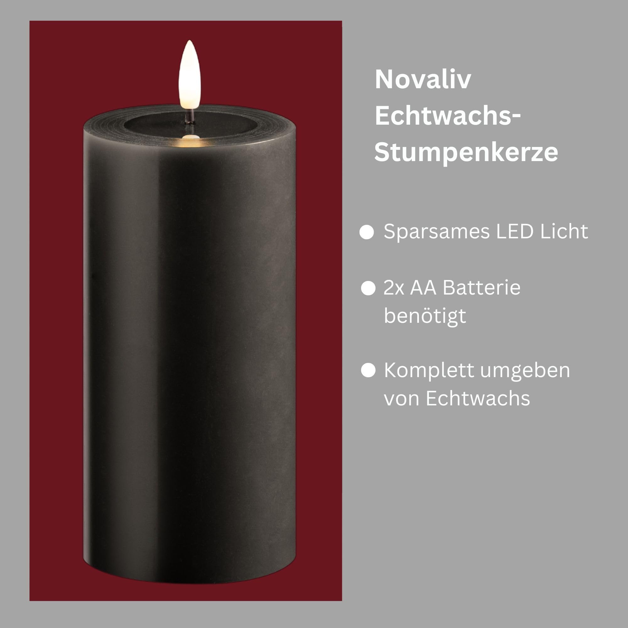Novaliv Zestaw 3 świec LED, migoczący płomień z prawdziwego wosku, szare 7,5 cm ø 1 x 15 cm, 1 x 12,5 cm, wysokość 1 x 10 cm, świece LED z funkcją timera, 2 baterie AA, świece LED z prawdziwego wosku,