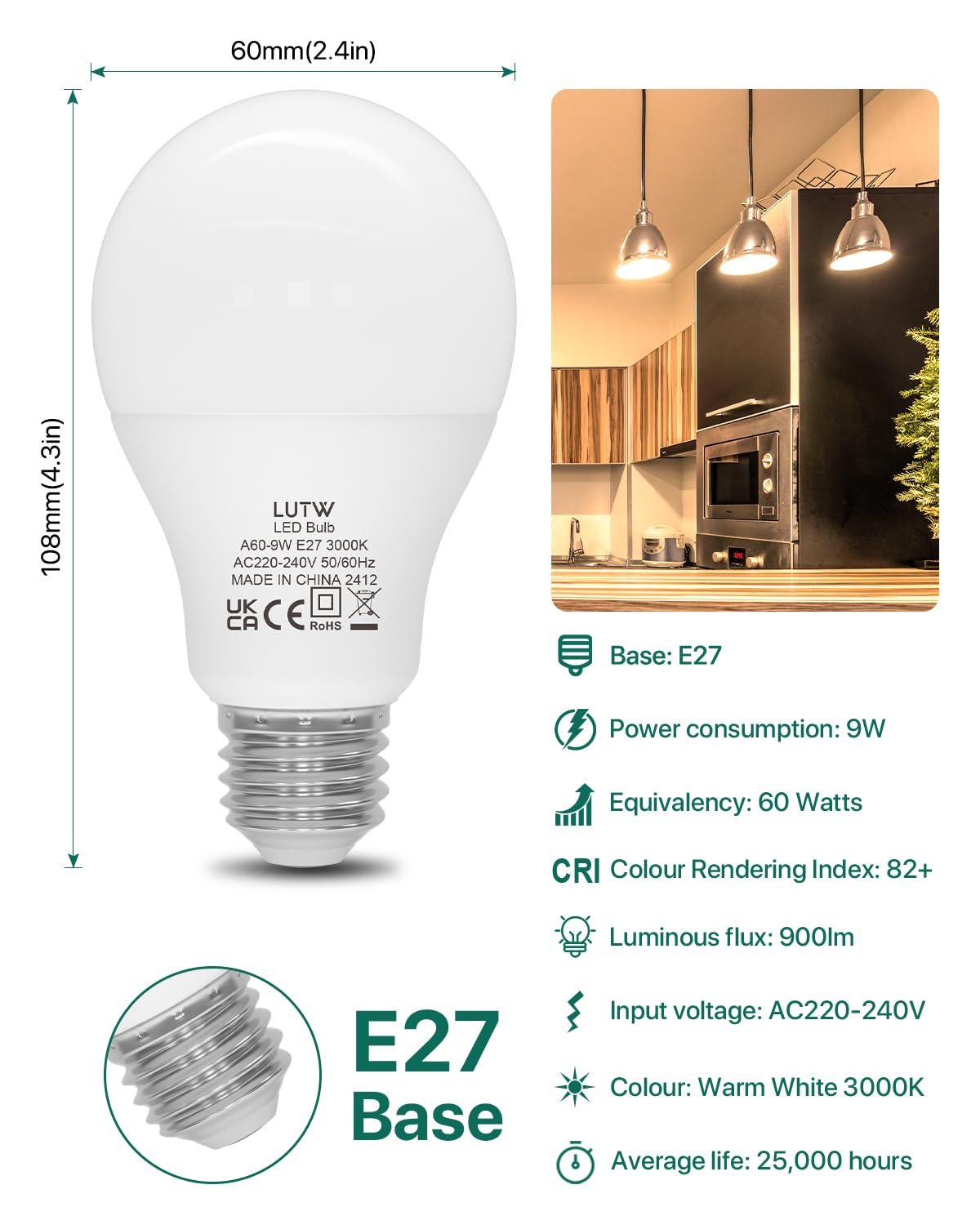 LUTW E27 Screw Bulb, Warm White 3000K, 9W E27 LED Bulb Equivalent to 60 Watts Incandescent Bulb - Image 2