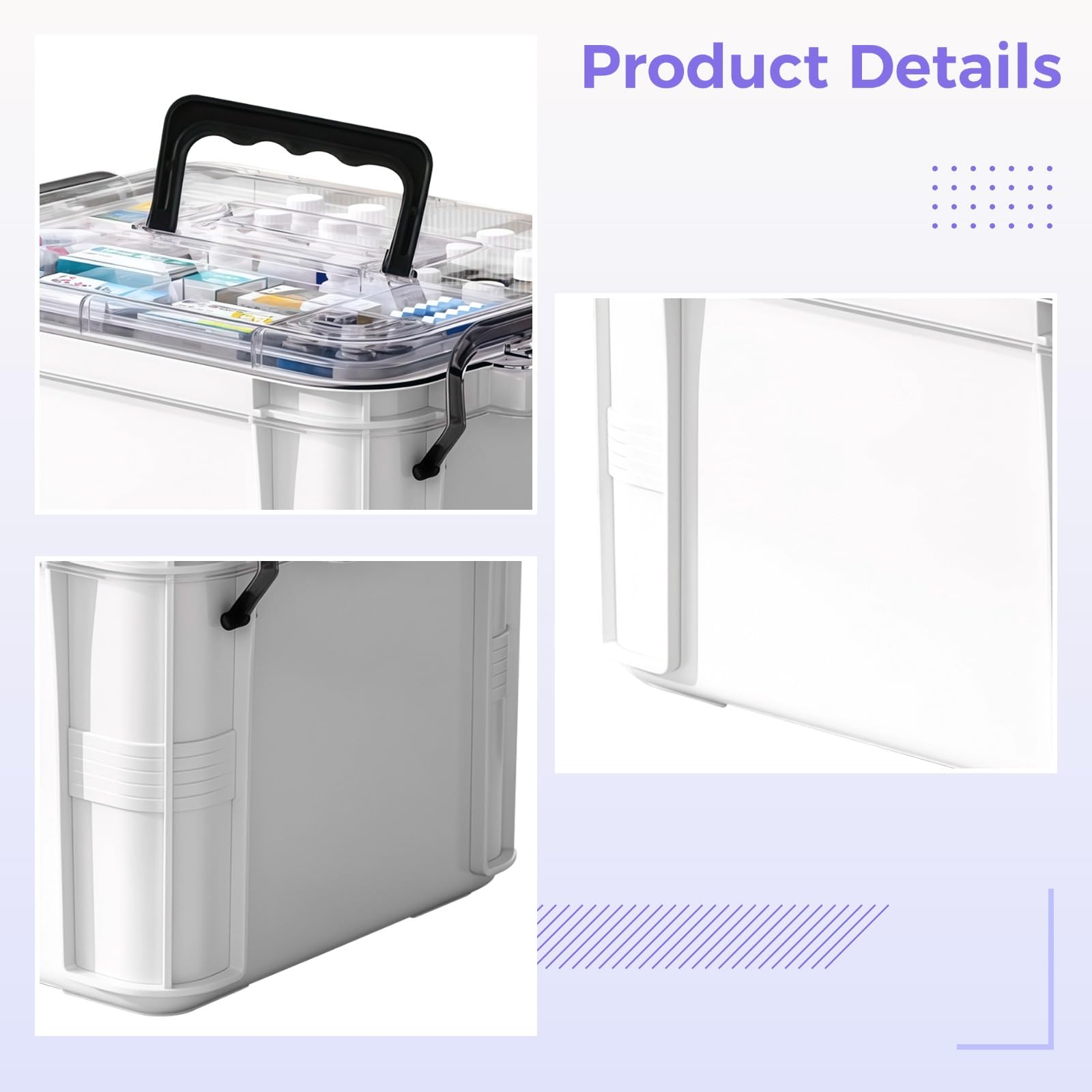 Grande organizer per la casa, bianco con coperchio trasparente e manico nero, scomparti divisi per 4-5 persone famiglia, 38,51 x 27,79 x 22 cm, contenitore in materiale PP per oggetti essenziali per