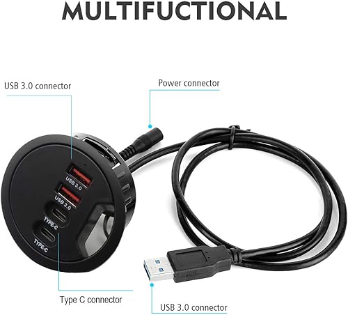 Miniatura 3 de Hub USB 3.0 con ojal para escritorio (diámetro de 2.36 pulgadas o 2.362 in) 2 puertos tipo A y 2 puertos tipo C, carga compatible y transmisión de