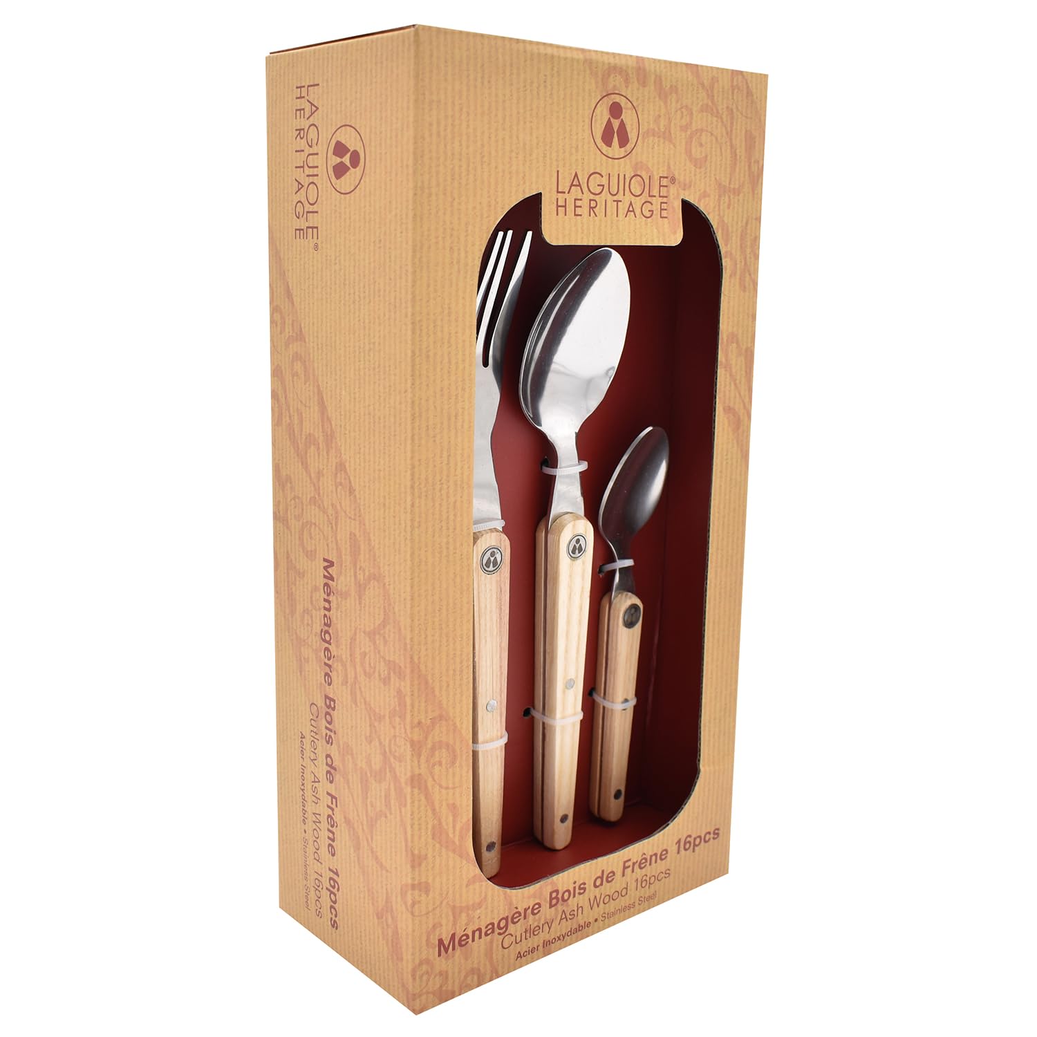 Cubertería Laguiole 16 piezas - Acero inoxidable y madera de fresno - Cubertería de menú para 4 personas - Cubertería de acero inoxidable de alta calidad - Cubertería de diseño con mango de madera