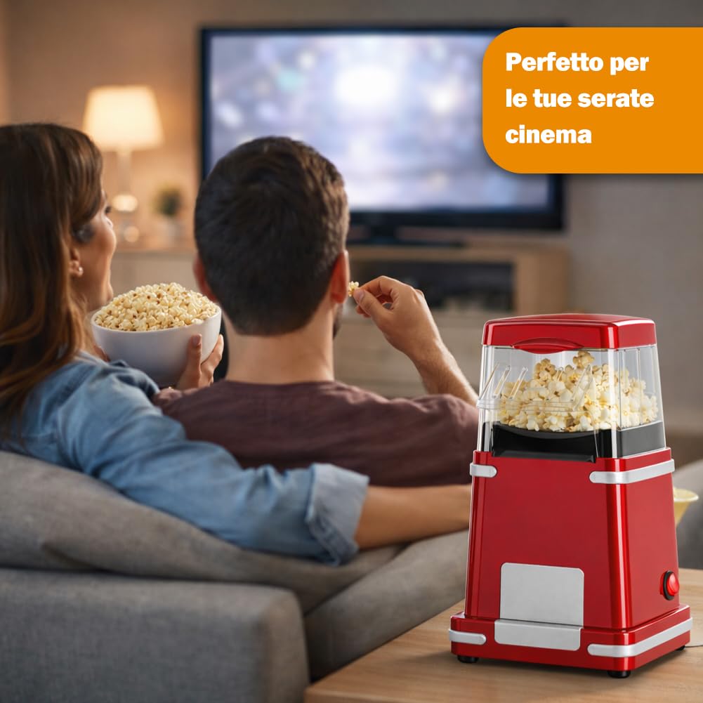 BAKAJI Macchina per Popcorn ad Aria Calda 1200W Potenza con Dosatore Cucchiaino Incluso, Popcorn Machine Design Retrò Facile da Usare One Touch Pronti in 3 Minuti, Perfetta per Feste e Serate Cinema
