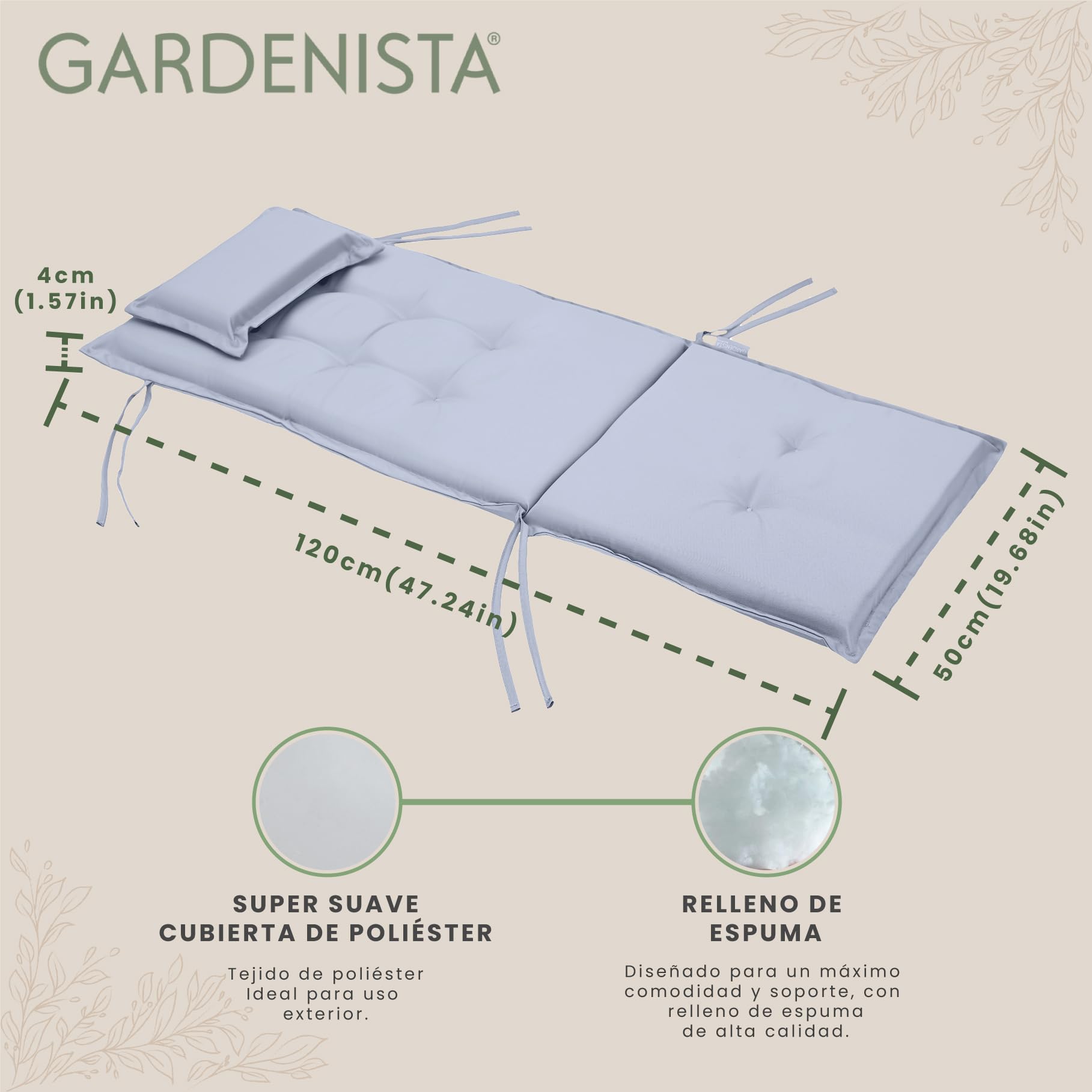 Gardenista Cojines para Sillas de Jardín con Respaldo Alto, Cojín Decorativo de Asiento (120x50X4cm), Cojines Acolchados para sillas terraza con Lazos y Reposacabezas, Cojín de Asiento Relleno (Gris)