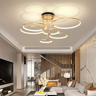 LED Ceiling Light Creative Gold Ringshape Design Living Room Ceiling Lamp Dimmable with Remote Control Bedroom Lamp for Study Room, Living Room, Bedroom, Dining Room Lighting (6 Rings) [Energy Class A++]