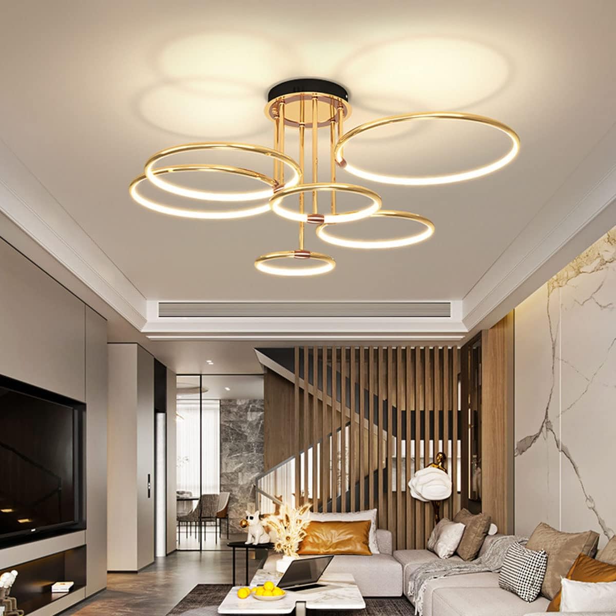 LED Ceiling Light Creative Gold Ringshape Design Living Room Ceiling Lamp Dimmable with Remote Control Bedroom Lamp for Study Room, Living Room, Bedroom, Dining Room Lighting (6 Rings)