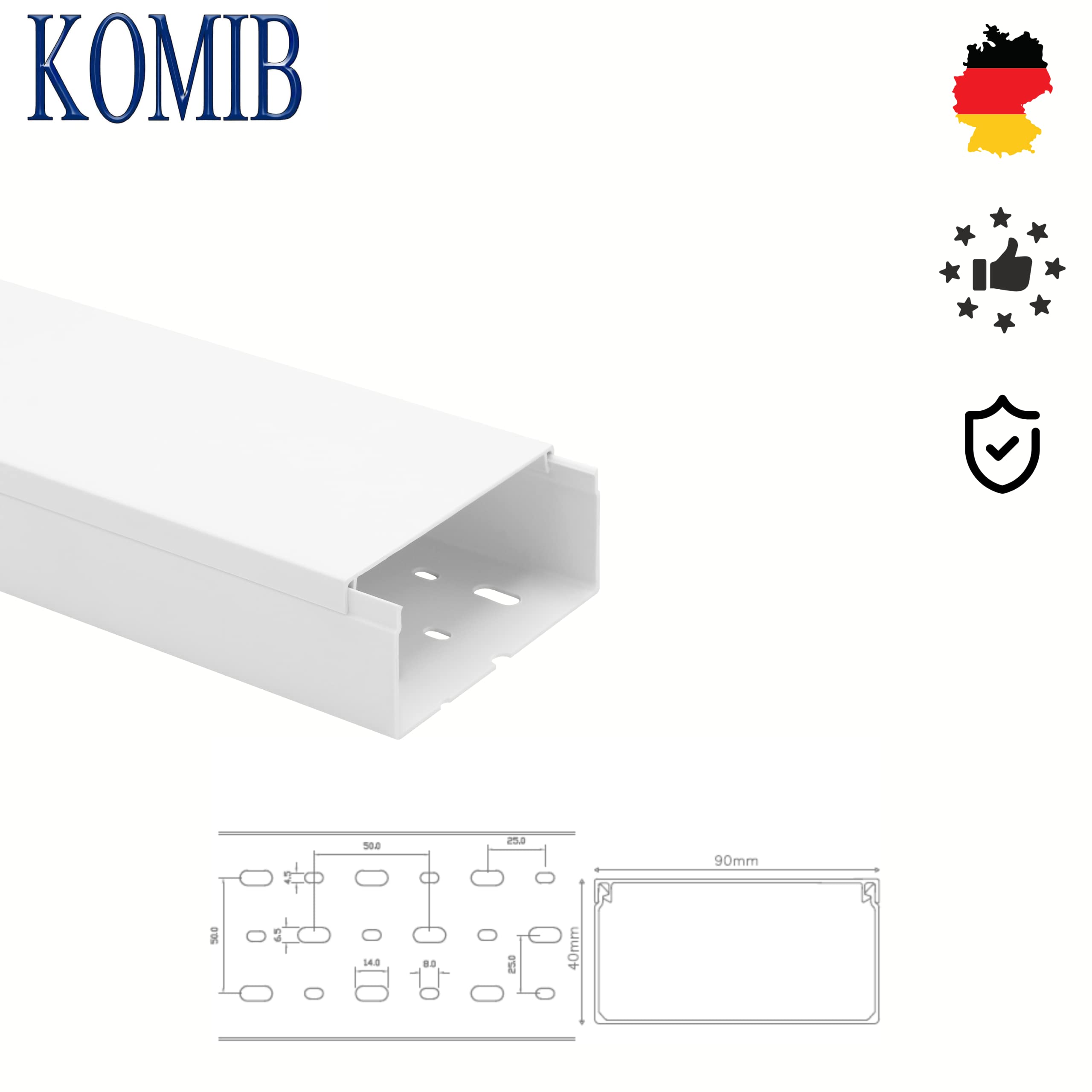 KOMIB Hochwertige KK9040RW Kabelkanal 90 x 40 x 2000mm Weiß (reinweiß) 10 Meter - 5 x 2m (5 Stück) Elektroinstallation Kabelkanal Kabelabdeckung Kabelmanagement PVC/VDE (90 x 40mm)