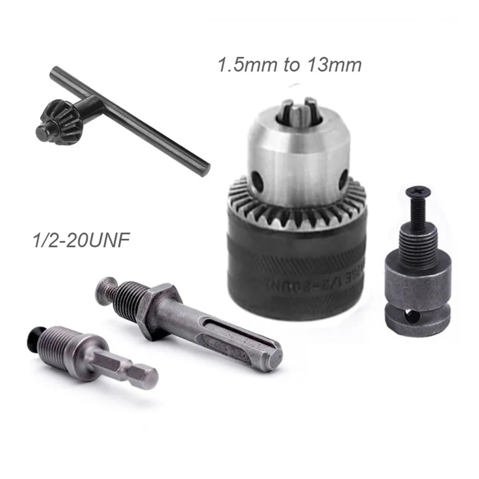 1.5-13mm konwerter 1/2 "-20UNF kluczowy uchwyt wiertarski gwint adapter do szybkiej wymiany SDS 1/4" sześciokątny klucz udarowy klucz Bit korbowód(1 Chuck 3 Adapters)