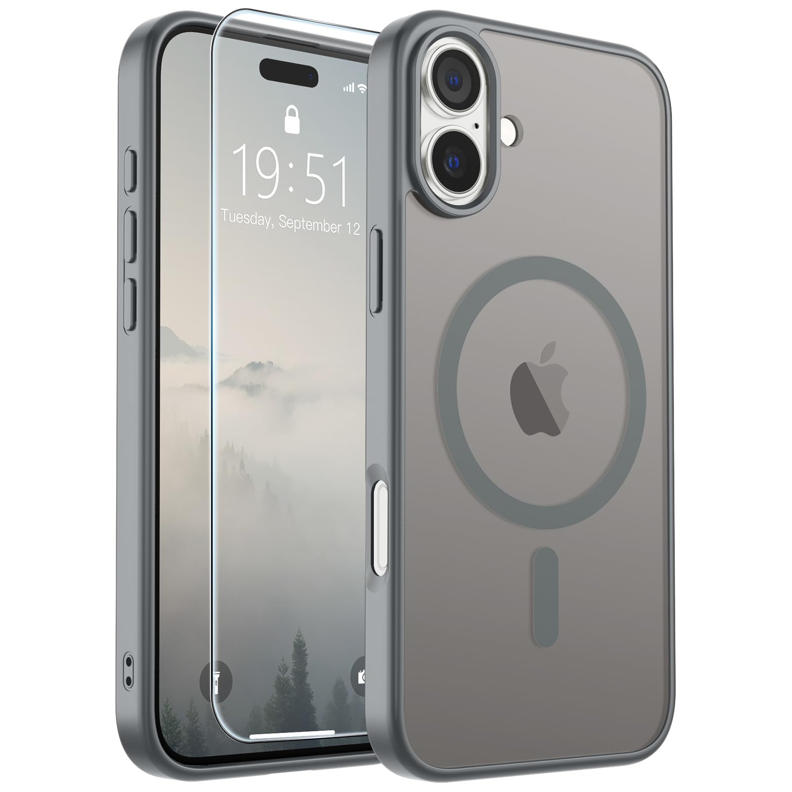 SUPFINE Magnetic for iPhone 16 Plus Case Gray | With Screen Protector, Translucent Matte, Compatible with MagSafe, Military Grade Drop Proof, Rugged Shockproof Protective