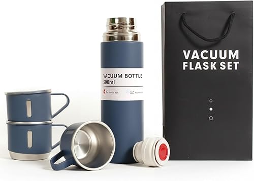 Juego de frasco al vacío azul, botella de agua aislada de acero inoxidable con 3 tazas, botella térmica de café para bebidas calientes y frías, taza disponible en Yaxa Guatemala