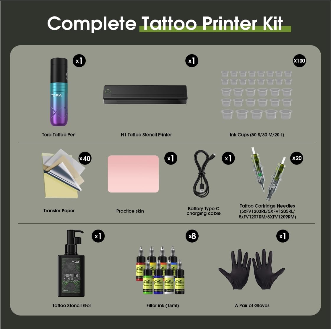 Filter Tattoo Printer Kit with Stencil Printer, Tattoo Gun and Supplies