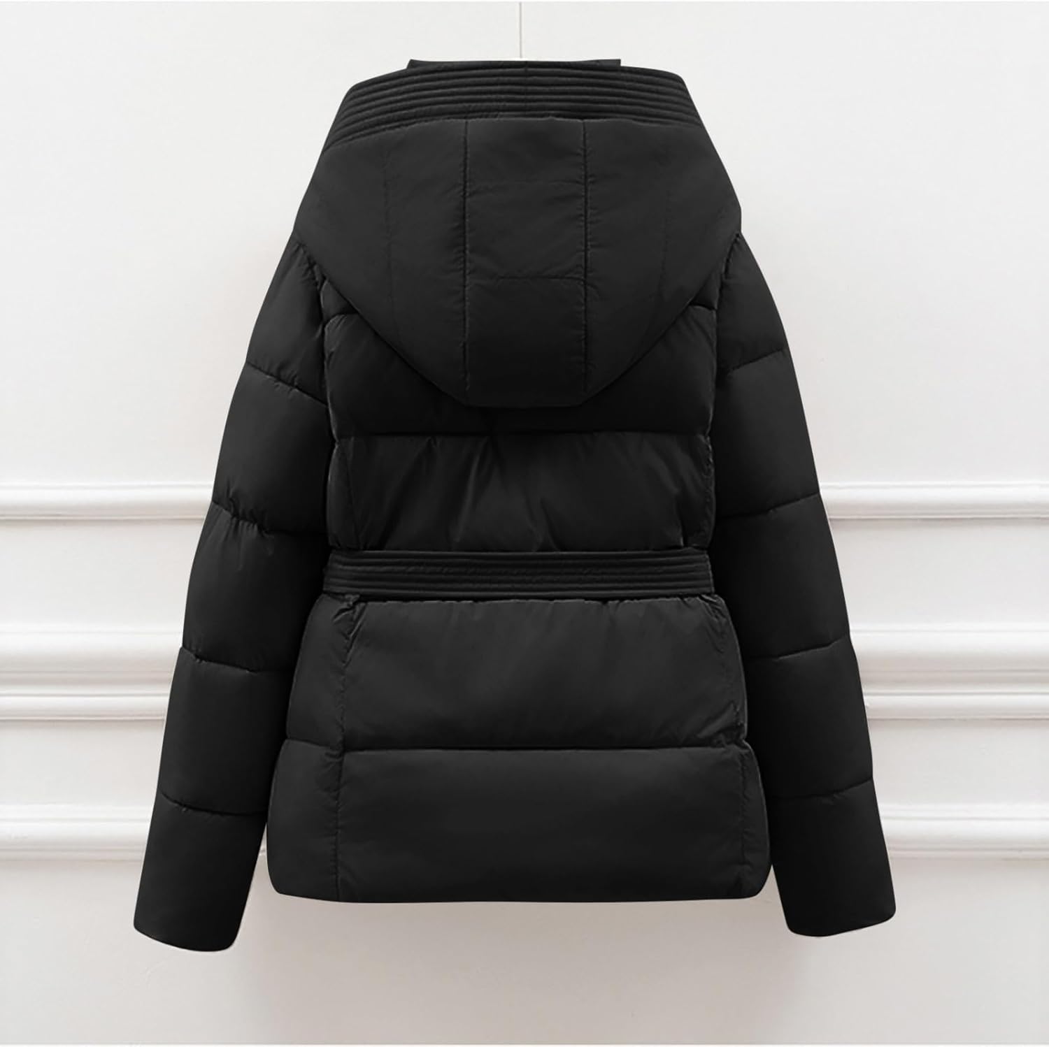 Quilted Puffer Jacket for Women Oversized Long Sleeve Zipper Down Coats with Hood Waist Tie Up Winter Warm Outerwear