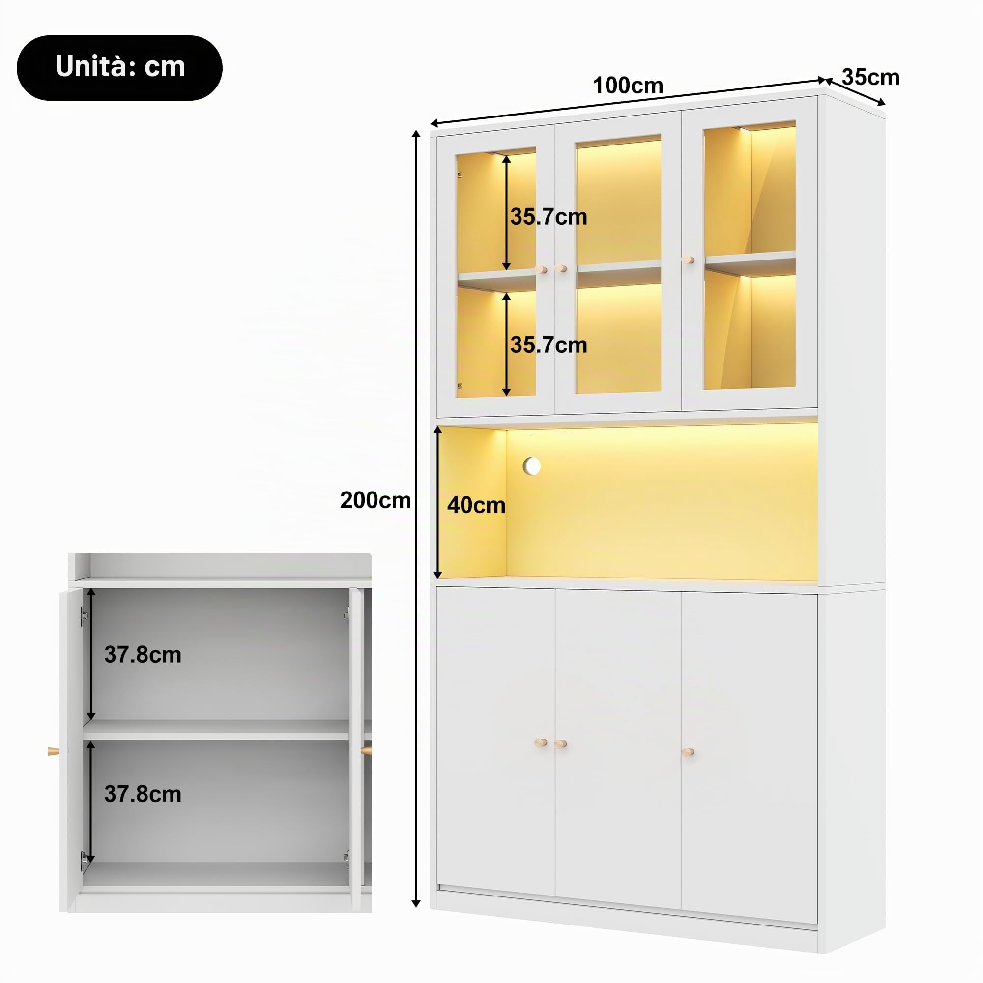 Libreria 100×35×200 cm con ante in vetro e illuminazione LED – Mobile autoportante con vetrina, vano a giorno e 3 ante; Archivio per raccoglitori e libri – Bianco (N)