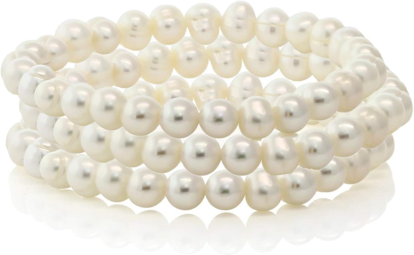 SPLENDID PEARLSSet of 3 White Cultured Freshwater Pearl Bracelets for Women | Women's Stretch Bracelet with Adjustable Fit of 7.25"