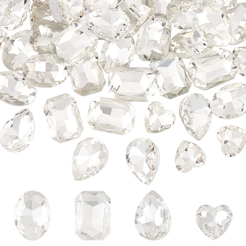 FINGERINSPIRE 64 Pcs 4 Shapes Pointed Back Rhinestone Glass Rhinestones Gems Clear Rectangle/Teardrop/Heart/Oval Crystal Jewels Embelishments with Silver Plated Back for DIY Craft Jewelry Making