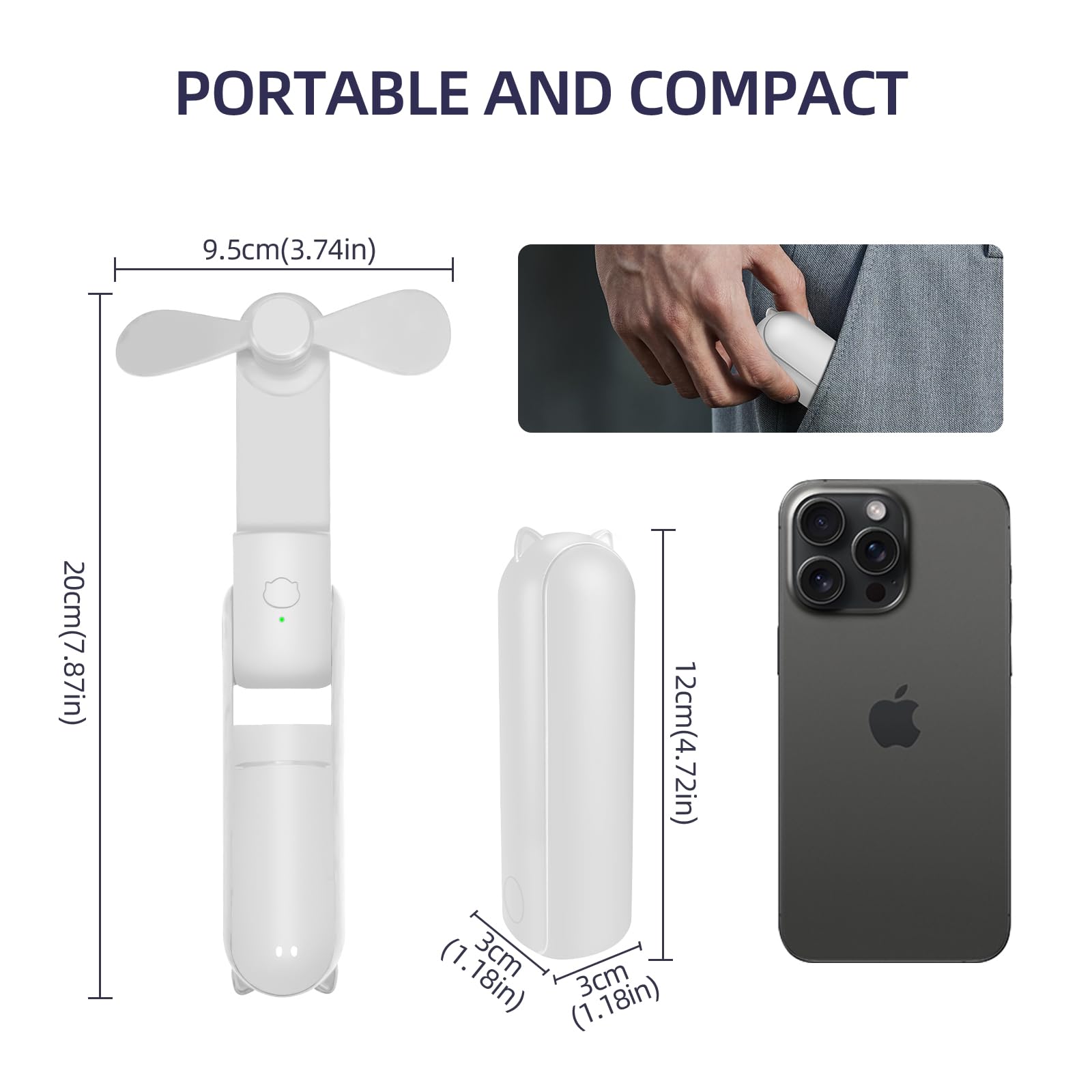 Jsdoin Ventilatore Portatile, 3 Velocità Ricaricabile Ventilatore Tascabile con Banca di potere, Cordino, Mini Ventilatore per Casa, Ufficio, Viaggi e all’aperto (Bianco)