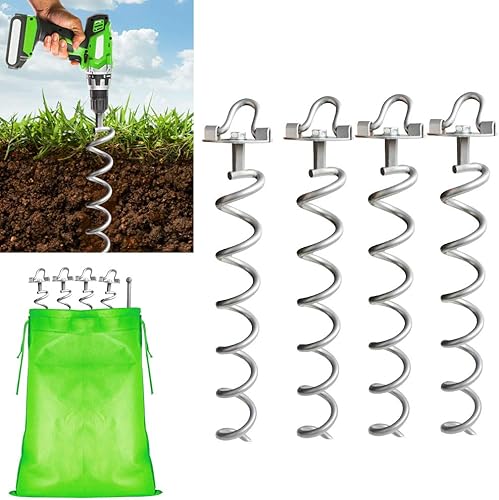 MIXXIDEA Anclajes de suelo de anillo plegable plateado de 16.2 pulgadas, estacas de metal para el suelo, anclajes de anclaje en espiral para tienda