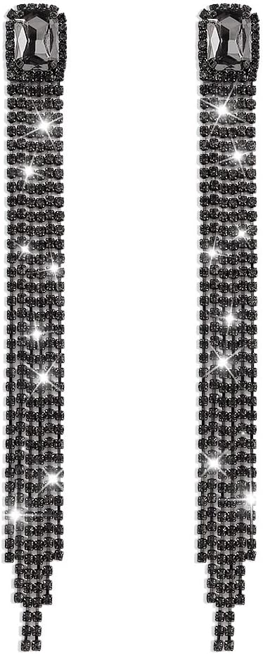 Wekicici Black Crystal Chandelier Tassel Earrings Long Rhinestone Tassel Strand Earrings Drop Dangle Earrings for Women Valentine's Day Wedding(Black) - Image 7