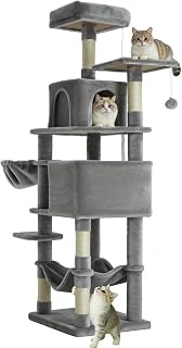 61 Inch Cat Tree with Platform & Hammock, Plush Perch Scratcher & Playhouse for Indoor Cats(Grey)