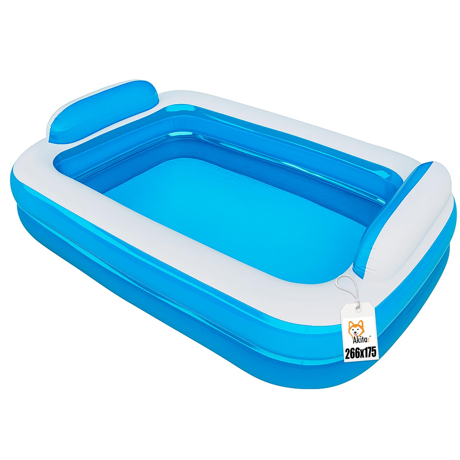Akitaink Piscina Gonfiabile Family 266x175x50 cm | Con Cuscini Incorporati, PVC Resistente, 2 Anelli, Azzurro Bianco, Per Bambini dai 3 Anni