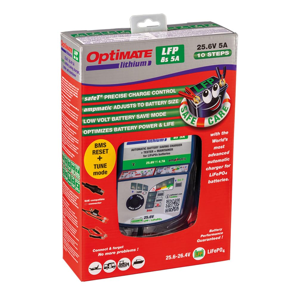 TecMate OptiMate Lithium 8s 5A, TM-280, Cargador-mantenedor con Modo de recuperación para baterías Selladas de 25.6V/26.4V y 5A en 10 Fases
