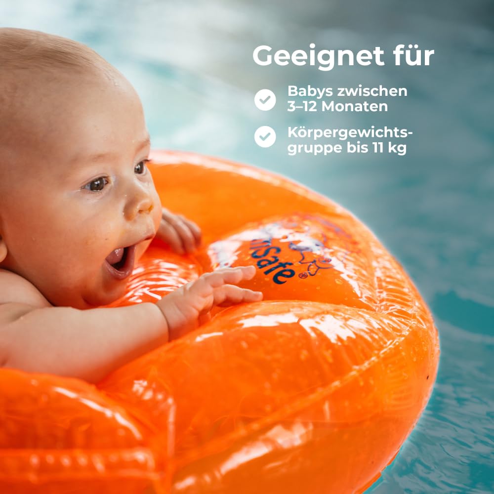Flipper SwimSafe 1040 - Schwimmsitz für Babys ab 3 Monaten, Schwimmhilfe mit 3 Luftkammern und ohne Gurte, Durchmesser ca. 62 cm, Orange