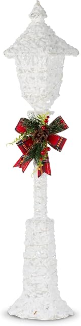 Christmas Village Decorative Christmas Light Up White Glitter Snow Lamp Post Light with Bow Indoor Outdoor Decoration Xmas 25 Bright Warm White LEDs  90cm