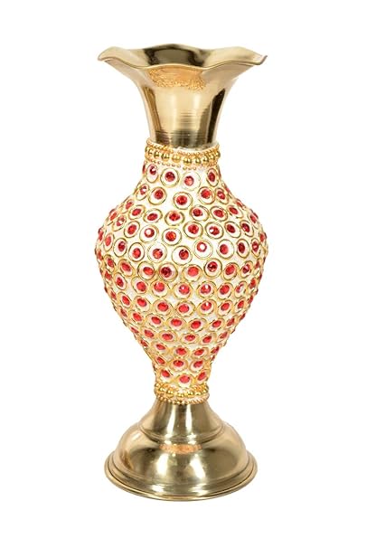 Skywalk Hand Crafted Metal Brass Flower Vase with Beads for Home Decoration (gold, 14 Inch)