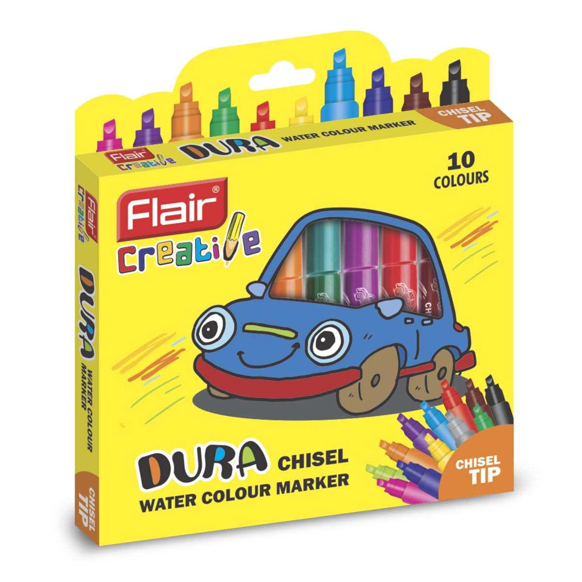 FLAIR Creative Series Dura Chisel Water Colour Pen | Non-Toxic & Safe For Kids | Refillable & Odorless Ink | For Card Making, Rock Art, Scrap Book | Set Of 10 Vivid & Bright Ink Colors