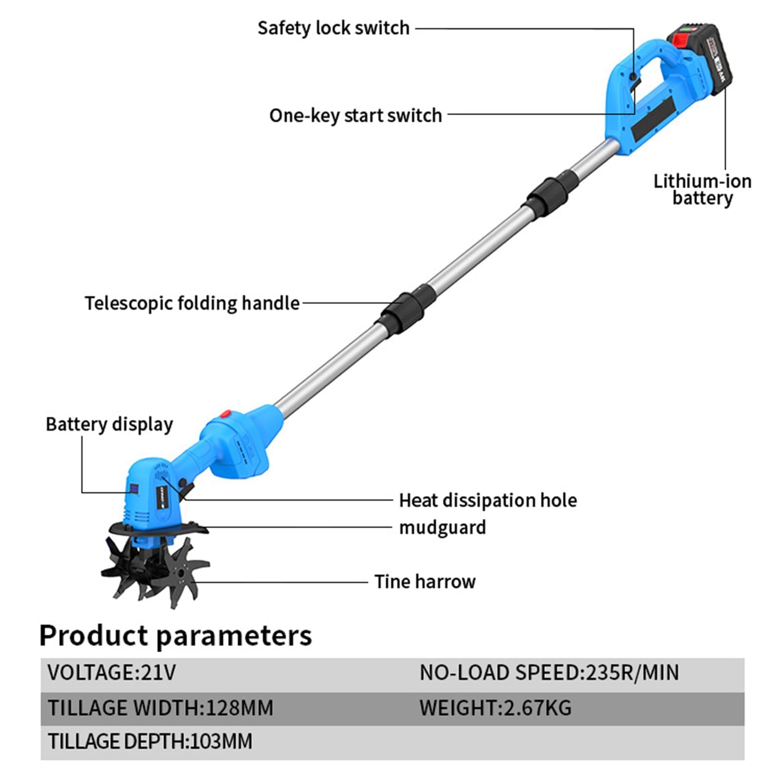 Tiller eléctrico inalámbrico, rotavador de suelo de 21 V con mango ajustable, ancho y profundidad de labranza de 10 cm, cultivador eficiente para jardín, patio y césped