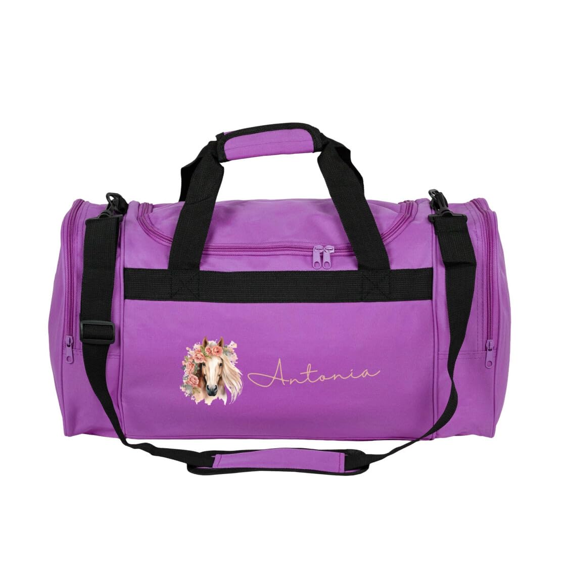 minimutz Sporttasche Pferd Kinder personalisiert, Reisetasche Reittasche Mädchen groß, Kindersporttasche mit Name 26L (lila)
