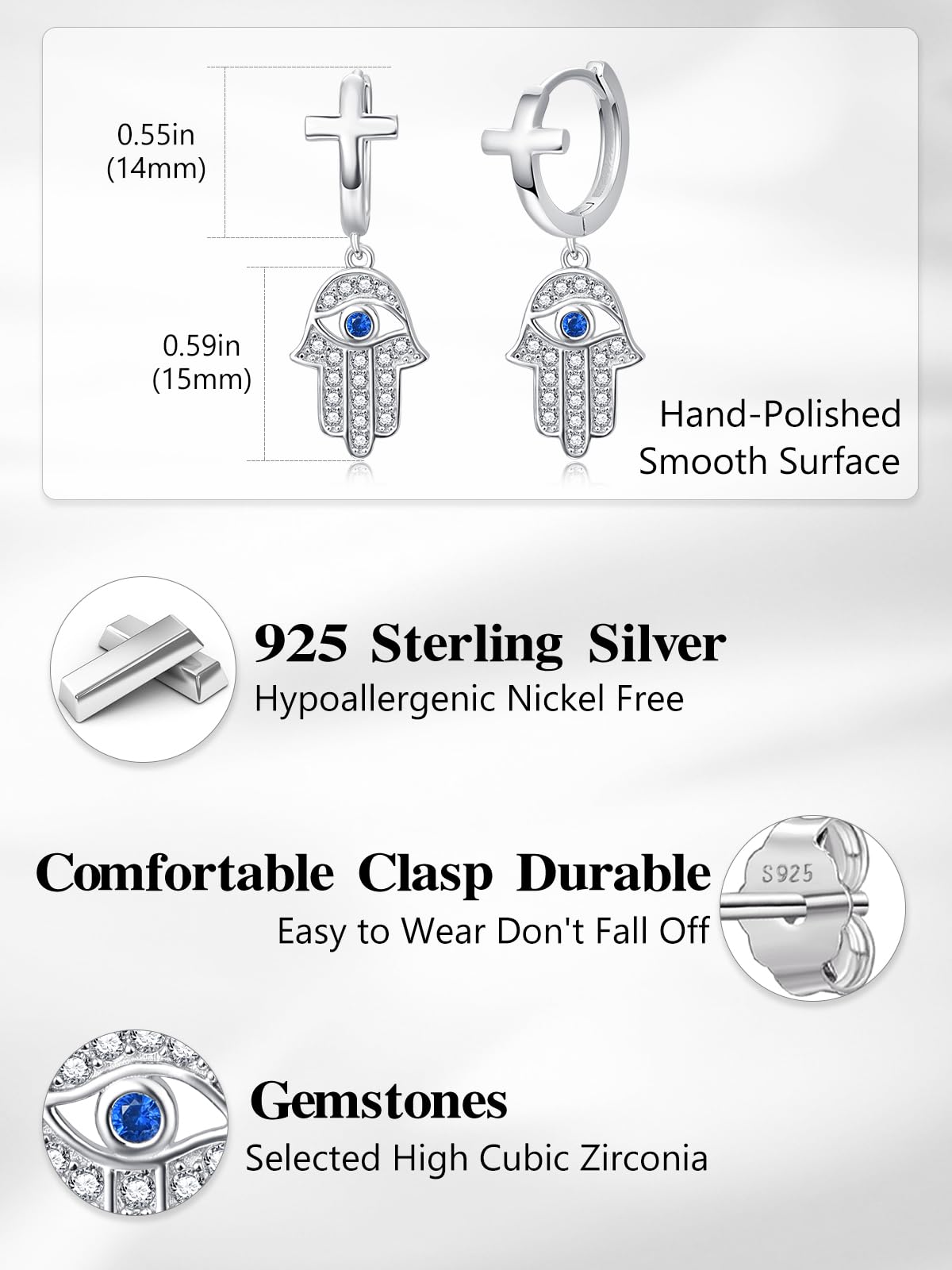Pendientes de ojo turco para mujer, plata de ley 925, aretes de aro de mano Hamsa, pequeños aretes de joyería con bisagras, regalos para mamá