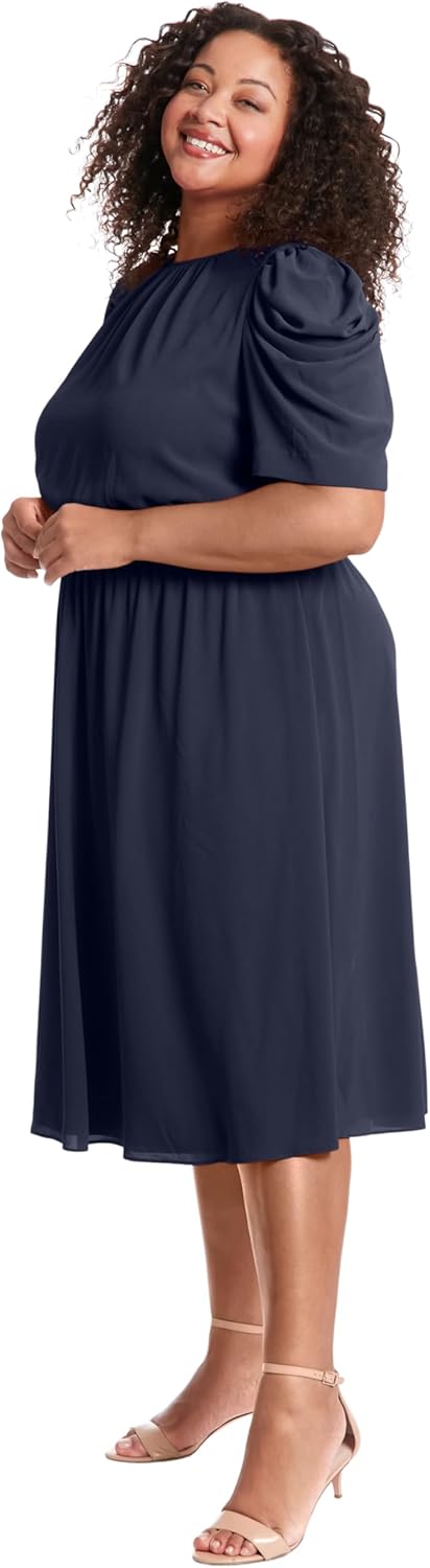 London Times Women's Caterpillar Puff Sleeve Midi Dress - Gathered Waist A-Line Flowy Summer Dress - Image 5