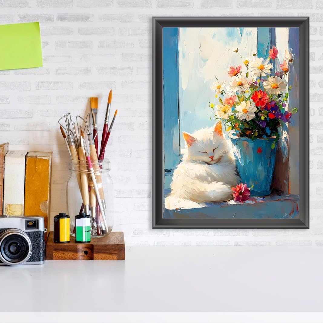 UNIQUORS Paint by Numbers Animals Adults, DIY Hand Painted Oil Painting Kits with Brushes and Acrylic Paint, Paint by Numbers Flowers, No Frame 40 x 50 cm (Cat and Flowers)