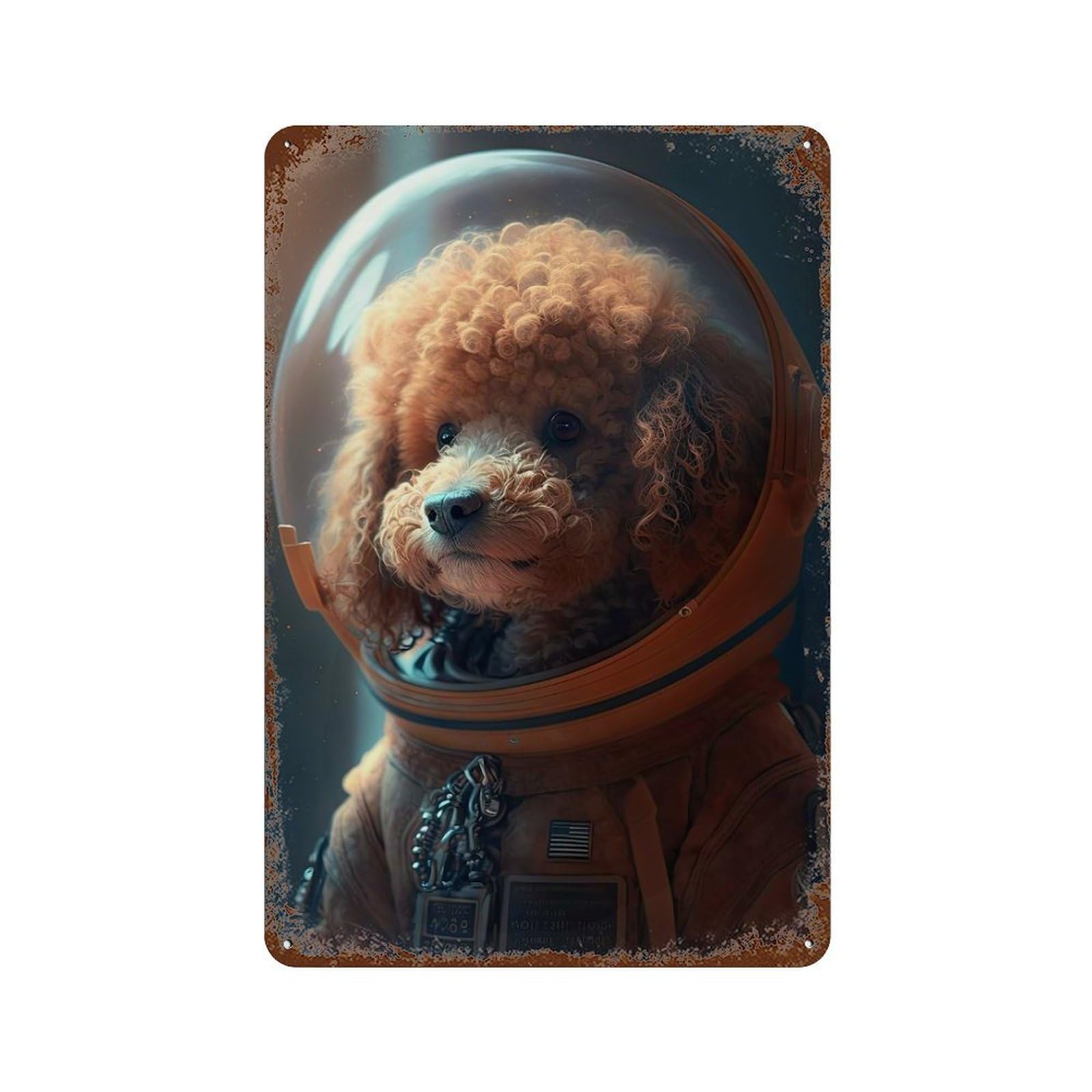 Red Poodle Astronaut Decorative Tin Sign 11.8"x7.9", Retro Wall Decor for Basement, Hobby Room And Garage Decor