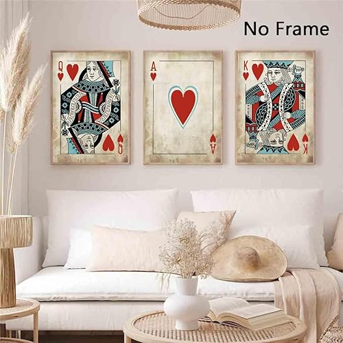Miniatura 3 de Arte de naipes retro, 3 piezas de arte de pared en lienzo, cartas de juego de reina y rey, arte de pared de naipes de corazón rojo, decoración de