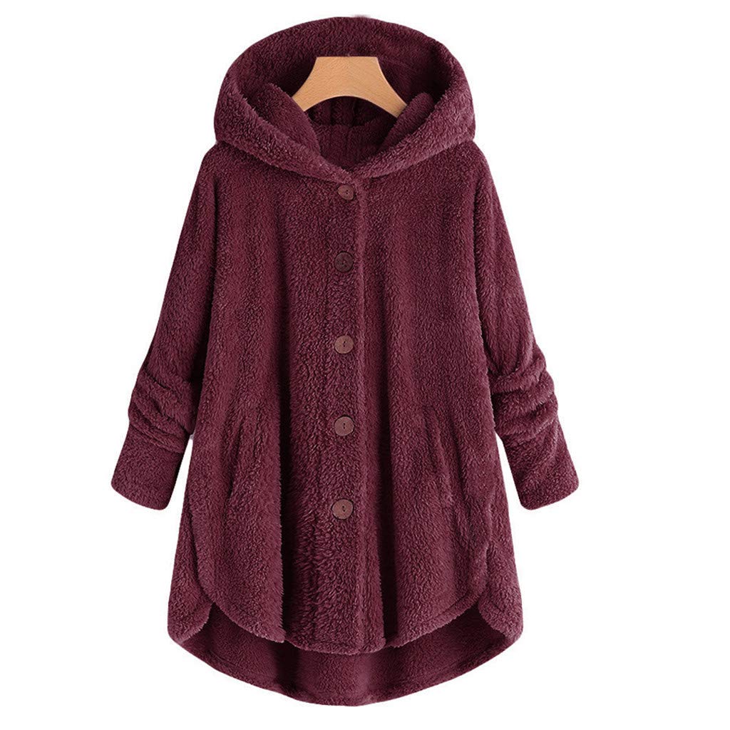 Scenxion Women Fleece Hoodie Top Sweater Blouse Womens Soft Fuzzy Hooded Jumper Hoody Jacket Coat Taupe Fashion Asymmetrical Button Hem Plus Size Hoodie Top Sweater Blouse