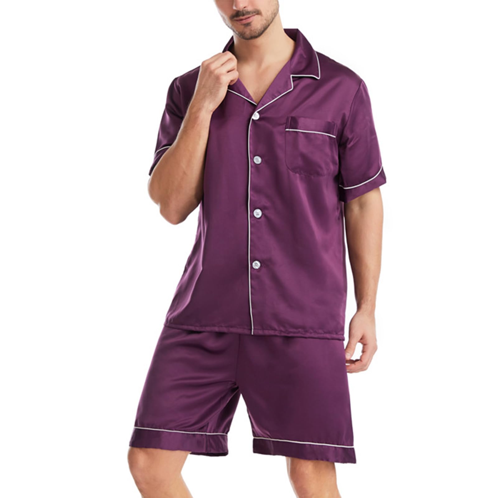 Uomo 2 Pezzi Seta Pigiama Set Manica Corta Morbido Raso Pigiameria Pulsante Giù Pjs Set con Tasche