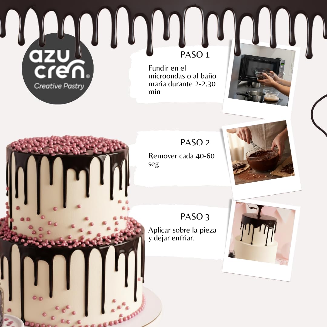 Azucren, Cobertura para Derretir, Sabor Similar al Chocolate, Ideal para Cubrir, Moldear, Bañar y Decorar Tartas, Cake Pops y Postres, Textura Cremosa y Fácil de Usar, 250 g (Blanco Brillante)