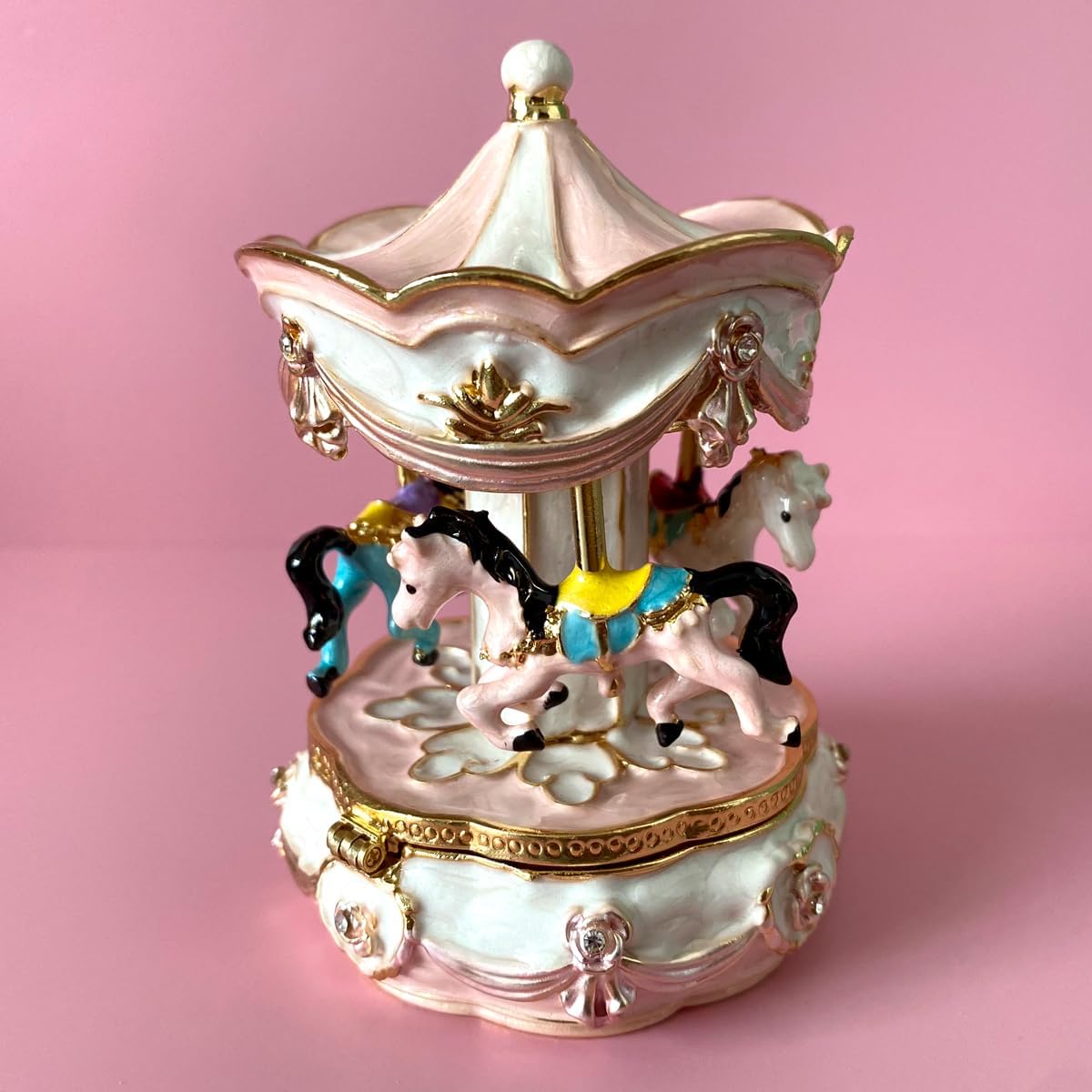 Wrapped Metal Jewelry Trinket Box Carousel Horse Unicorn Figurine for Anniversary Birthday Gift (pink)