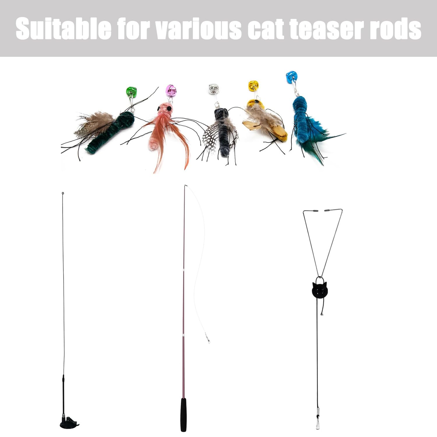 Hjvvr 5PCS Cat Wand Toy Refills - Interactive Feather Attachments with Bell & Insect Design, Teaser Replacement for Indoor Cats Kittens - Image 3
