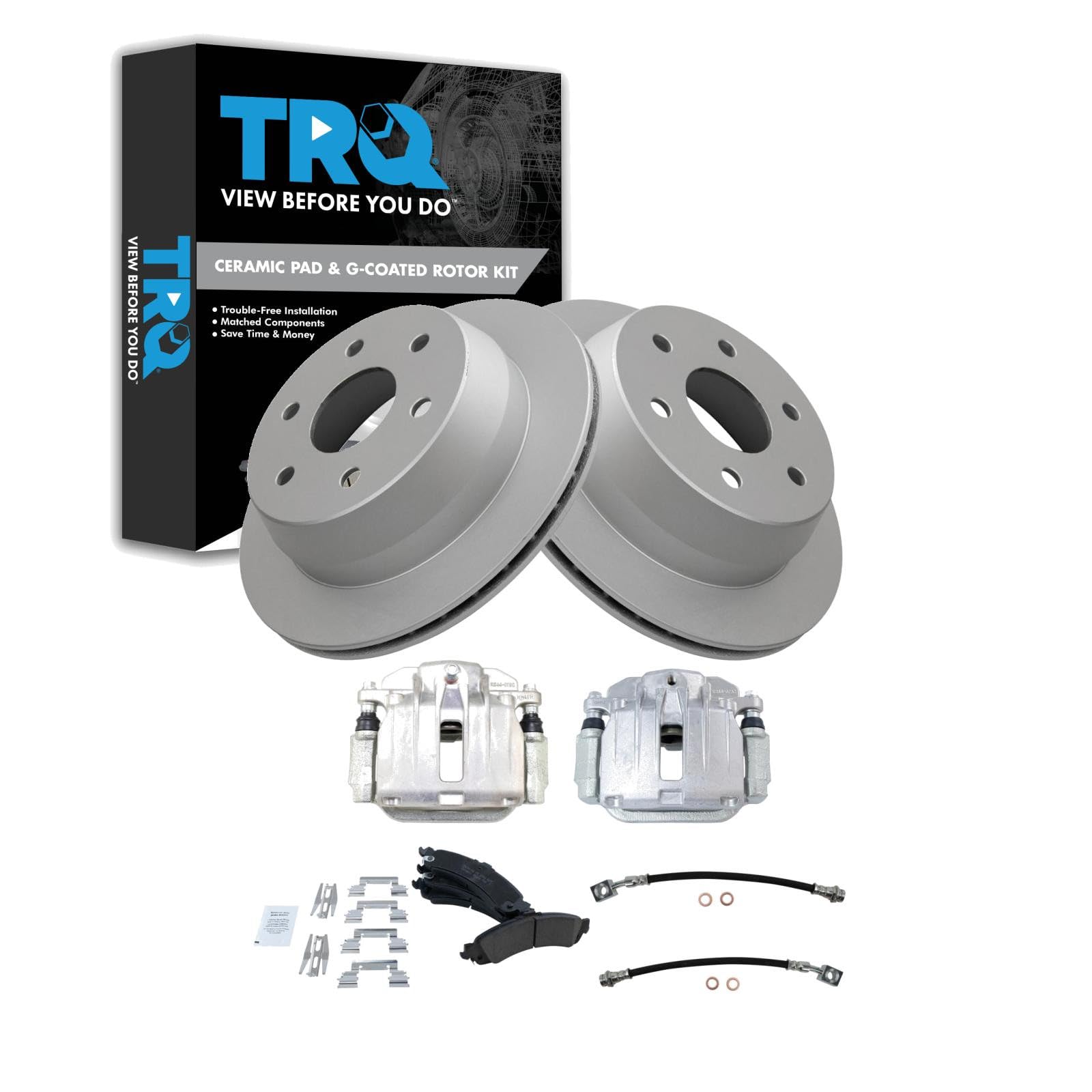 TRQ Rear Brake Pad and Rotor Set Ceramic G Coated Rotors Calipers Compatible with 2000-2001 Chevrolet Tahoe GMC Yukon