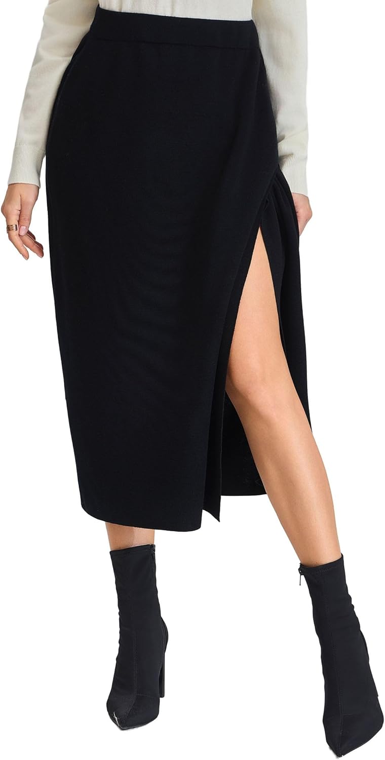 Women's Black Knit Skirt - 100% Machine Washable Merino Wool High Waist Sweater Midi Skirt with Slit for Winter Warm - Image 3