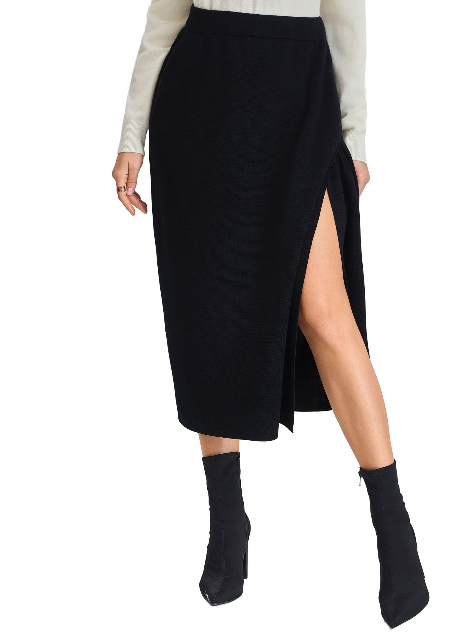 Gonna a Maglia Donna in 100% Lana Merino Lavabile in Lavatrice - Vita Alta Midi con Spacco Laterale Taglio Matita ed Elastico