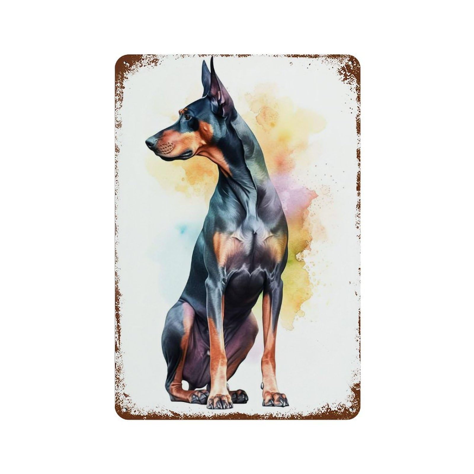 Watercolor Doberman Puppy Aged Metal Wall Plaque 11.8"x7.9", Classic Wall Plaque for Garage, Pub Or Kitchen