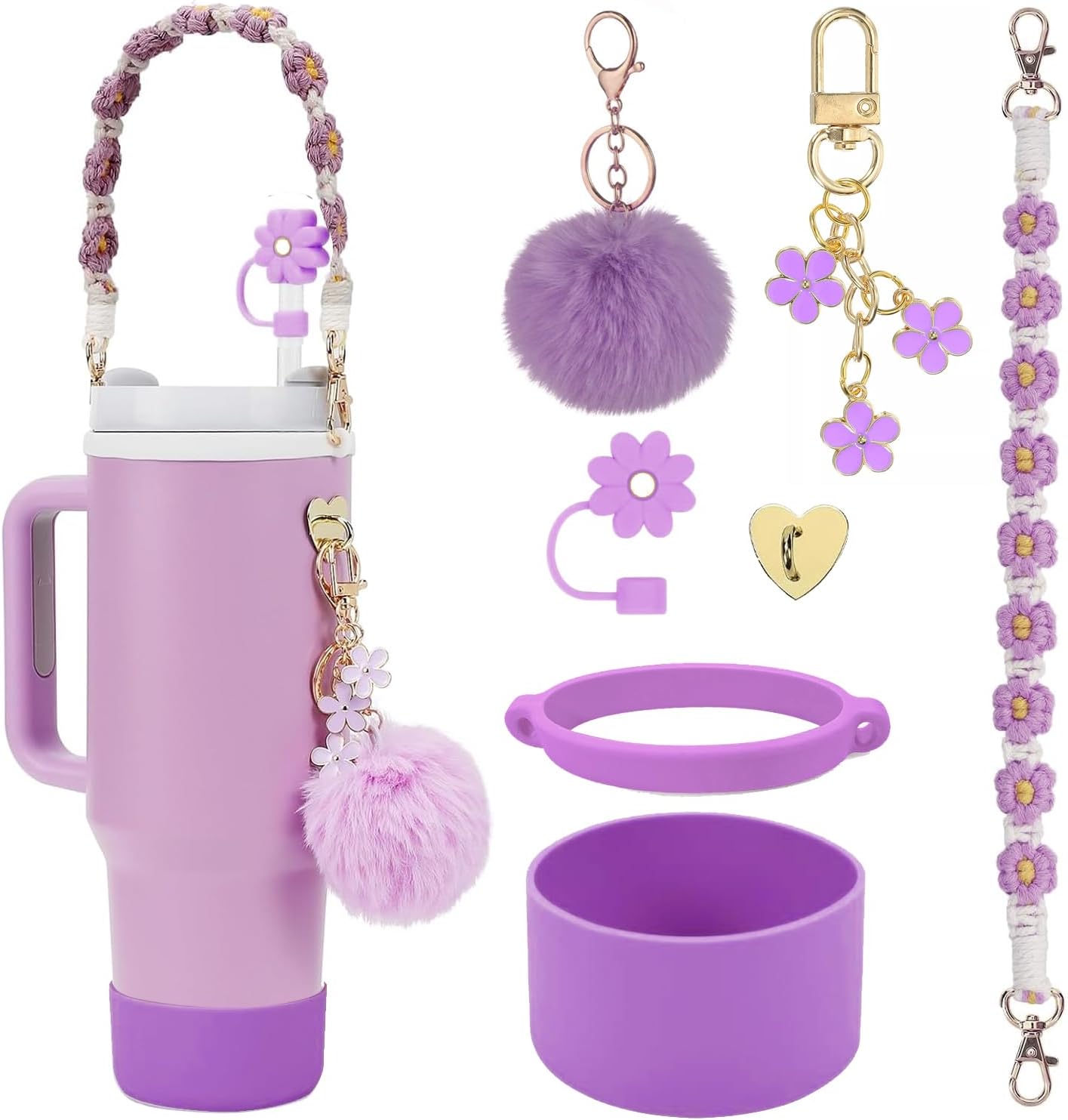 Stanley Cup Accessories Set- Siliocne Stanley Cup Boot, Water Bottle Handle Strap, Stanley Charms for Stanley Cup 40oz Tumbler