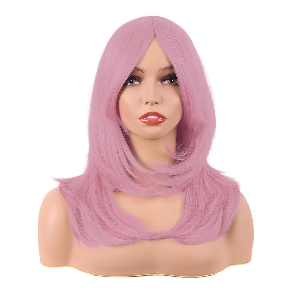 MapofBeauty 20 Inch/50 cm Long Layered With Bangs Straight Synthetic fiber Shoulder Length Hair for Daily Use or Party Wig (Pastel Pink)